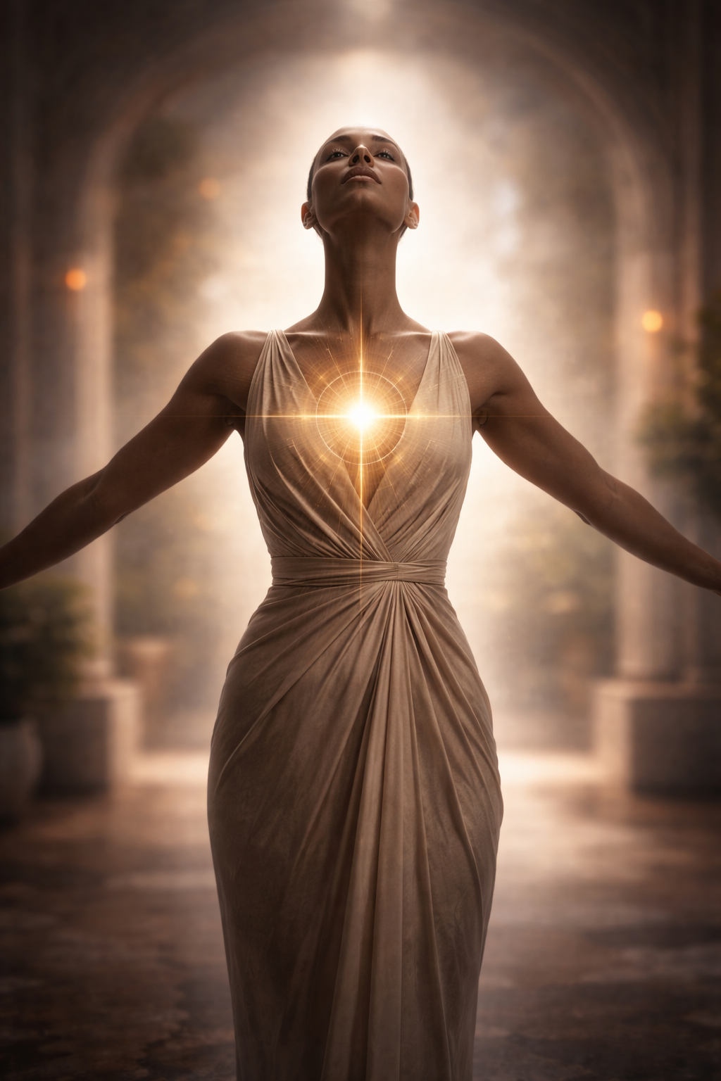 A figure standing illuminated, light gathered at the heart